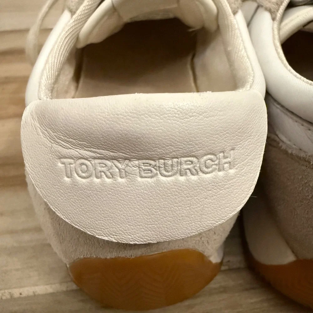 Tory Burch Hank Leather Suede Sneakers Snow White Beige Women's Size 7M No Box